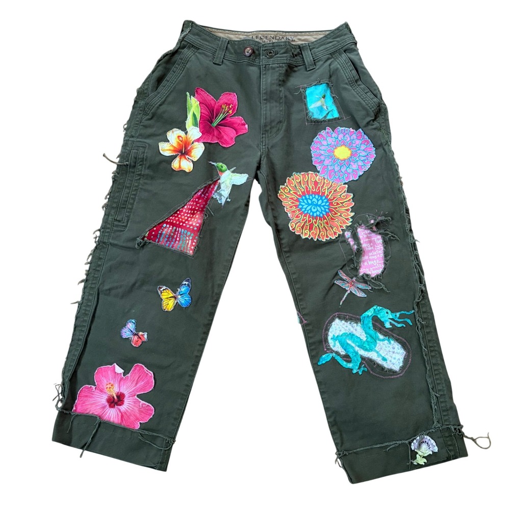 Upcycled Floral‎ Butterfly Olive Green Cargo Pants Boho Hippie Festival Indie 28